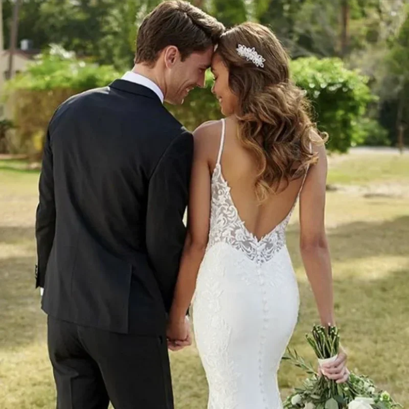 Lace Mermaid Wedding Dresses Spaghetti Straps Sexy V-Neck Backless Appliques Sleeveless Button Long Bride Gown Train Real Photos - Image 4