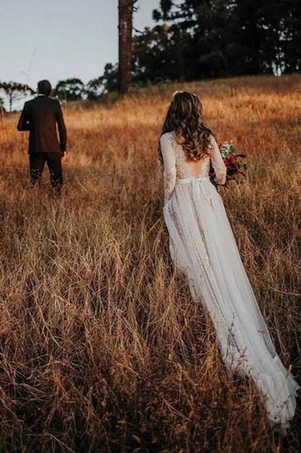 Lace Polka Dot Boho with Sleeves Bohemian Wedding Dress MW274 - Image 2