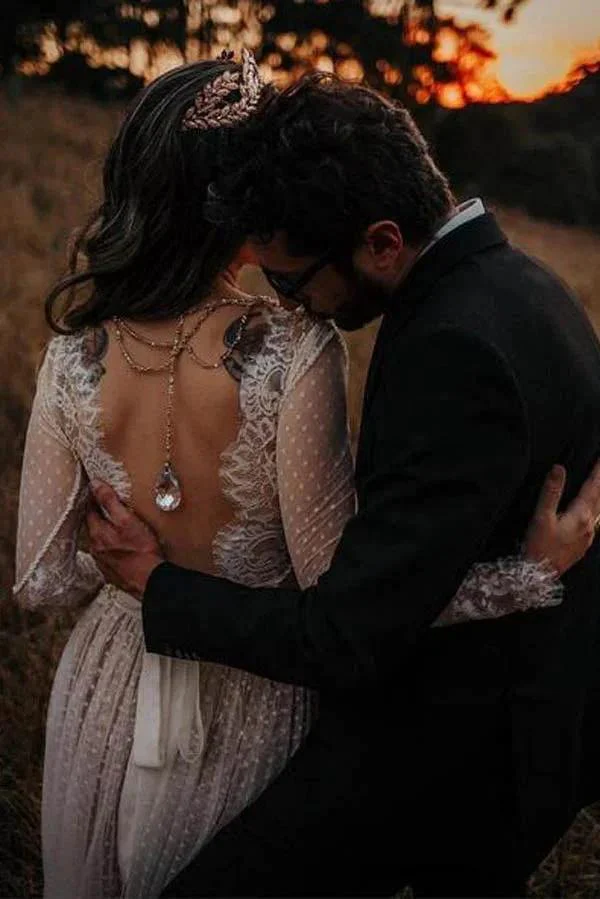 Lace Polka Dot Boho with Sleeves Bohemian Wedding Dress MW274 - Image 3