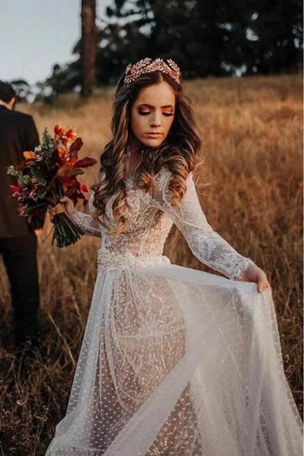 Lace Polka Dot Boho with Sleeves Bohemian Wedding Dress MW274 - Image 4