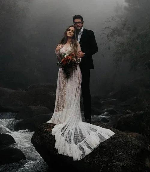 Lace Polka Dot Boho with Sleeves Bohemian Wedding Dress MW274 - Image 5