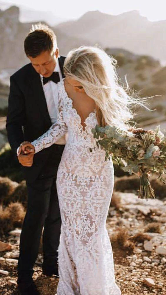Lace Rustic Wedding Dresses Long Sleeve Mermaid Wedding Dress  WD284 - Image 2