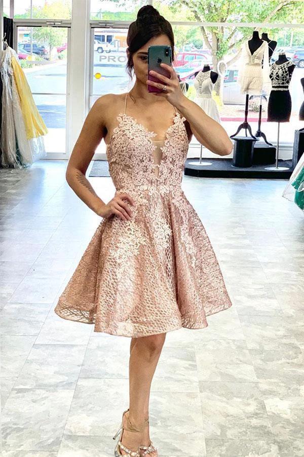Lace Short Prom Dress Homecoming Dress with Criss Cross Back PD422 - Image 2