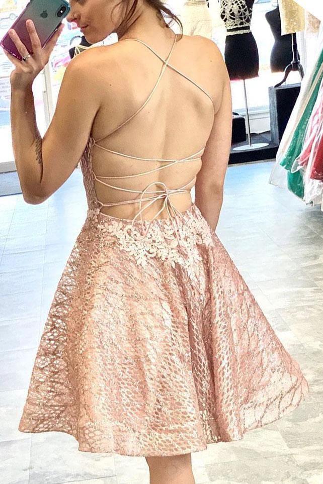Lace Short Prom Dress Homecoming Dress with Criss Cross Back PD422 - Image 3