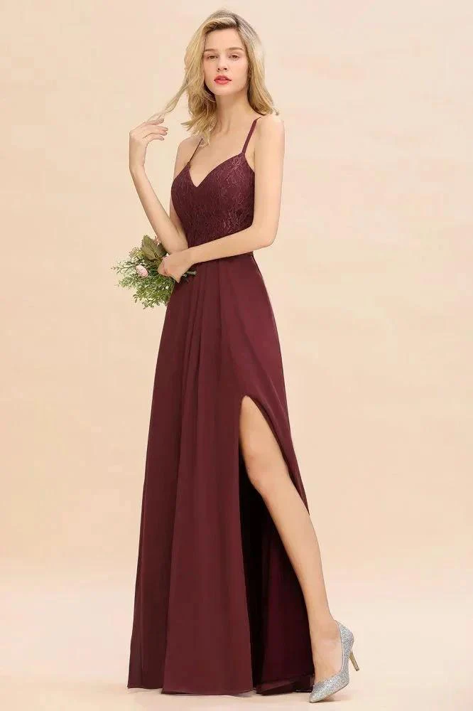 Lace Spaghetti Straps Prom Dresses | A-Line Sleeveless Side Split Evening Dresses - Image 4