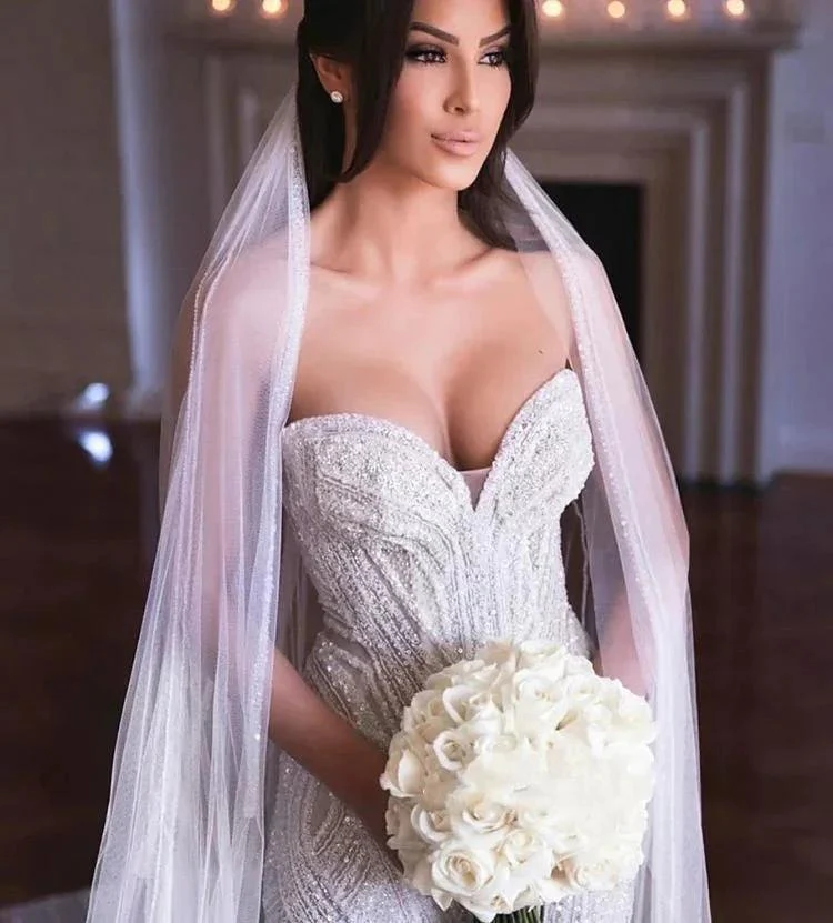 Strapless Sweetheart Beads Mermaid Wedding Dress Appliques Tulle Bridal Wears - Image 2