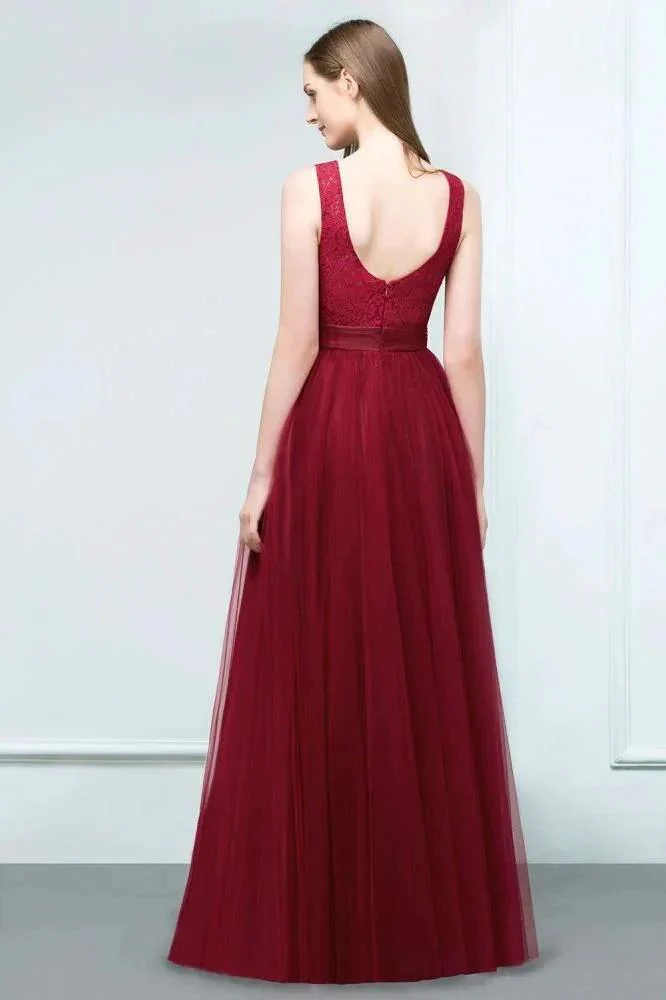 Lace Top Burgundy A-line Scoop Long Sleevless Tulle Prom Dresses - Image 2
