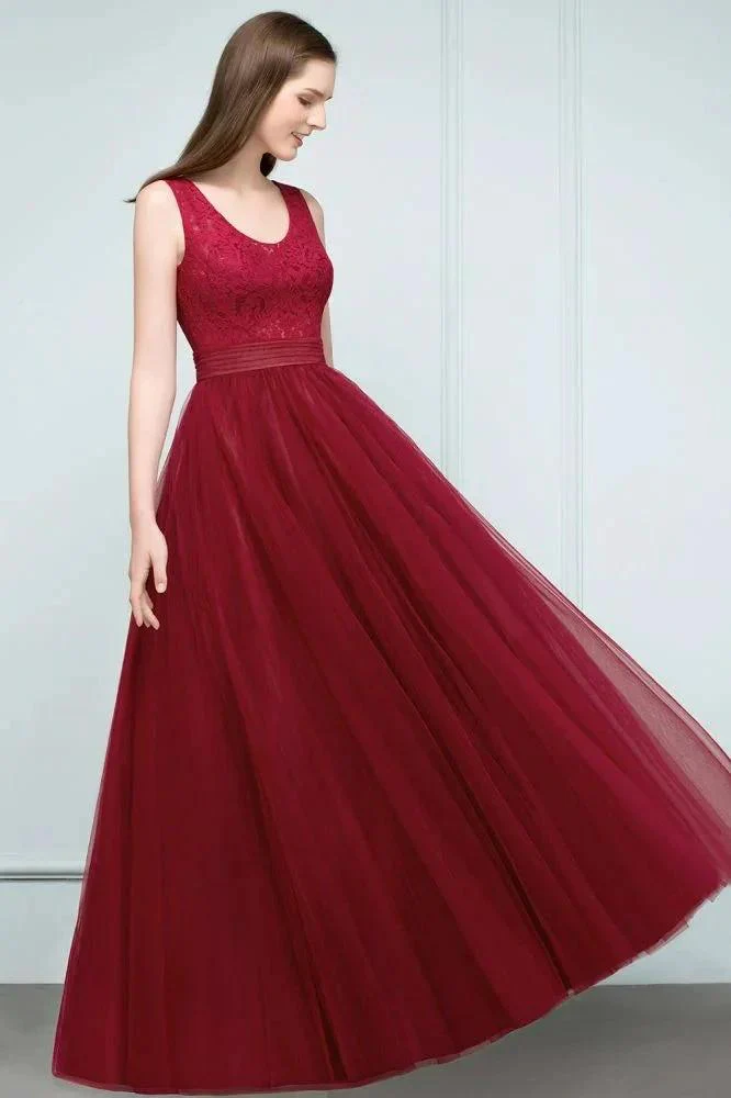 Lace Top Burgundy A-line Scoop Long Sleevless Tulle Prom Dresses - Image 3