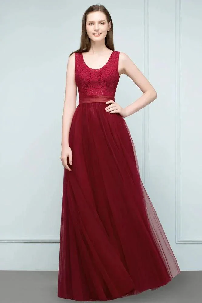 Lace Top Burgundy A-line Scoop Long Sleevless Tulle Prom Dresses - Image 4
