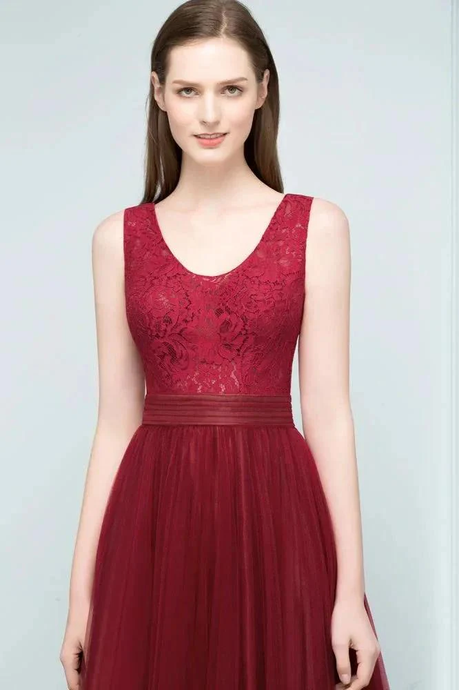 Lace Top Burgundy A-line Scoop Long Sleevless Tulle Prom Dresses - Image 5
