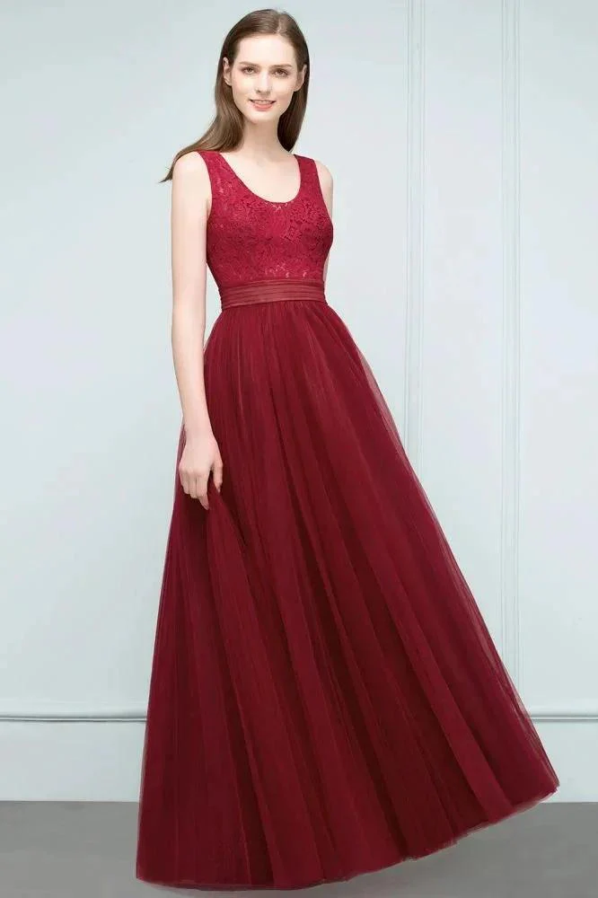 Lace Top Burgundy A-line Scoop Long Sleevless Tulle Prom Dresses - Image 6