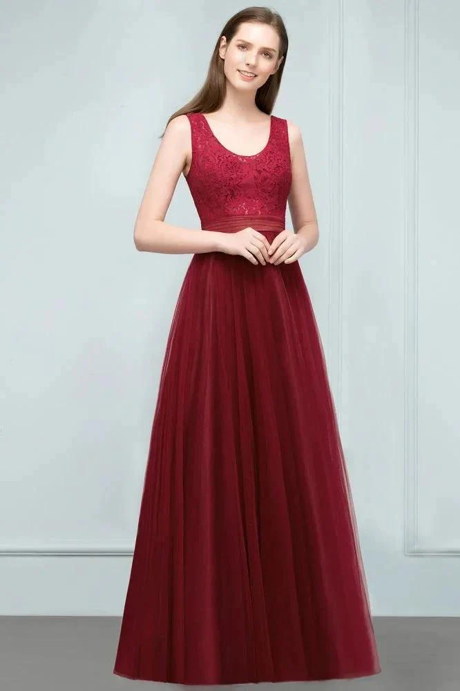 Lace Top Burgundy A-line Scoop Long Sleevless Tulle Prom Dresses - Image 7
