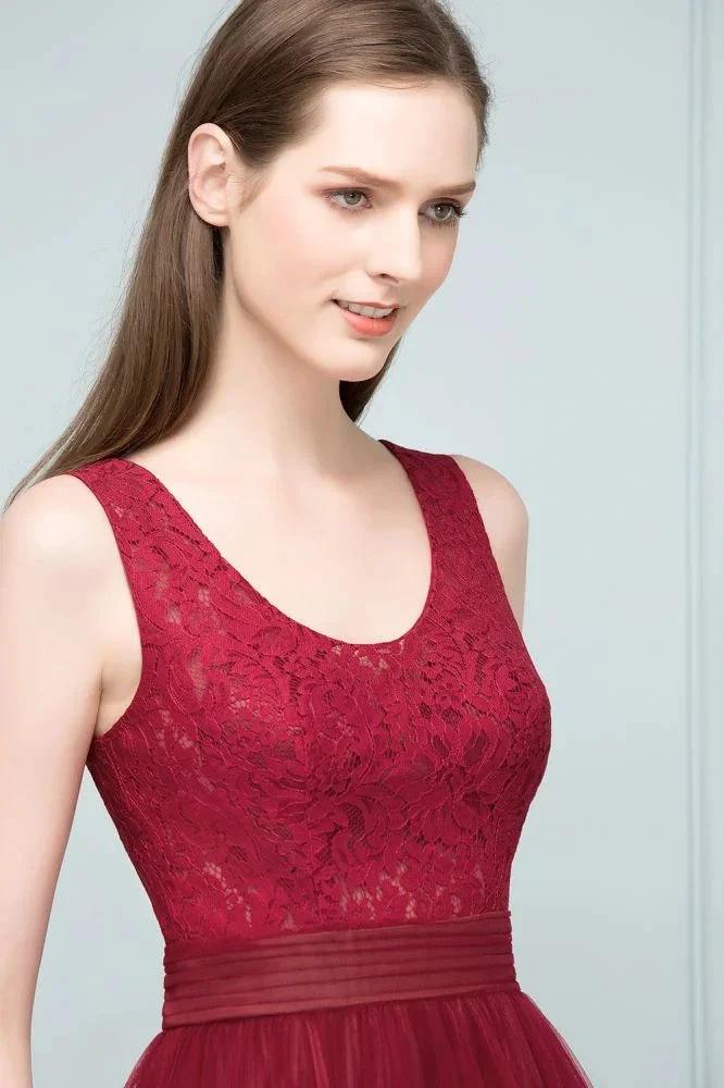 Lace Top Burgundy A-line Scoop Long Sleevless Tulle Prom Dresses - Image 8