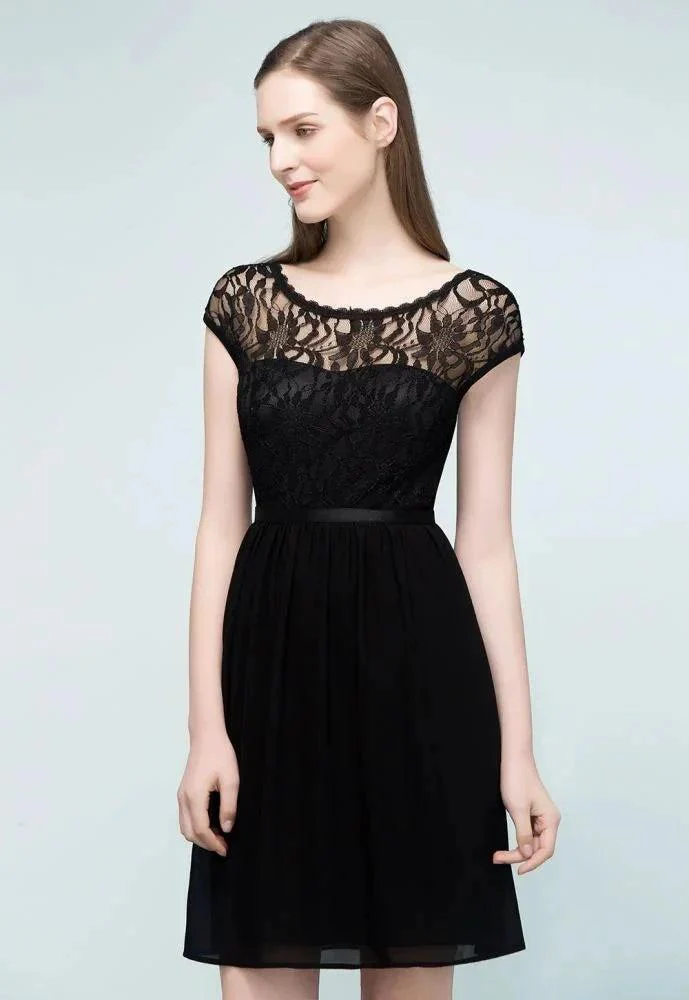 Lace Top Chiffon A-line Short Scoop Bridesmaid Dresses - Image 3