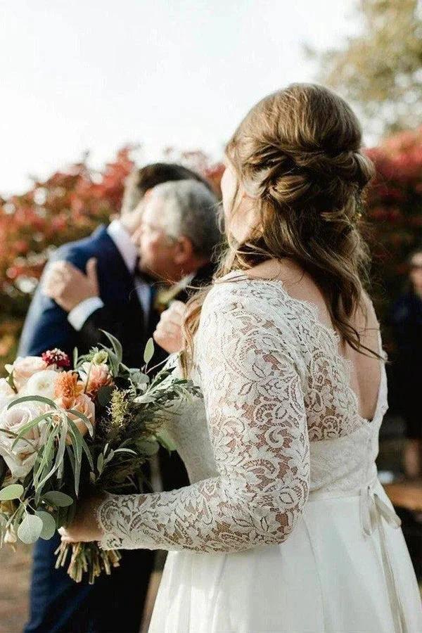 Lace Top Ivory Chiffon Plus Size Wedding Dresses with Long Sleeves  WD462 - Image 3
