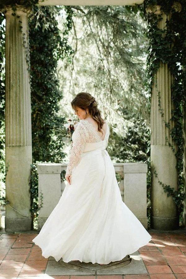 Lace Top Ivory Chiffon Plus Size Wedding Dresses with Long Sleeves  WD462 - Image 4