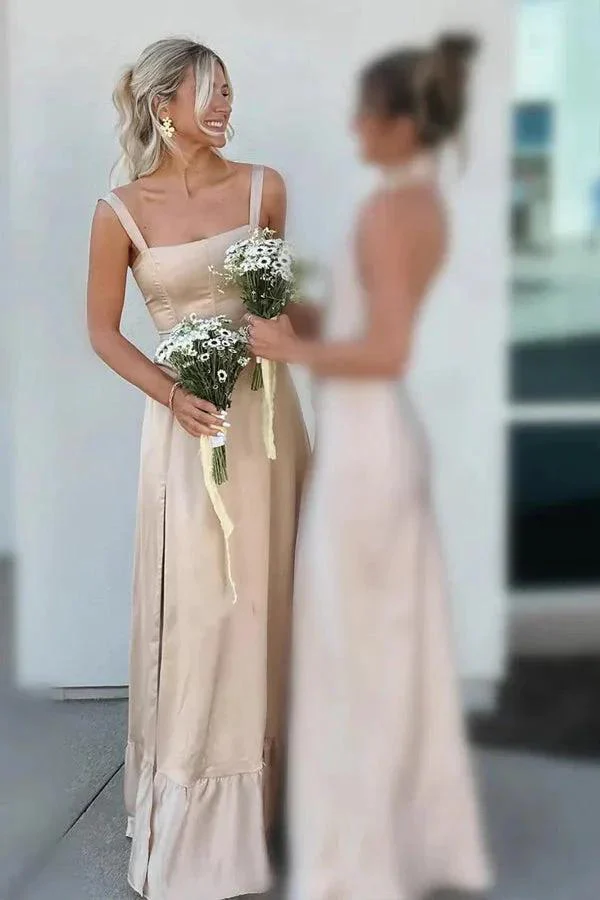 Lace Up A-Line Champagne Bridesmaid Dress with Slit BD122 - Image 2