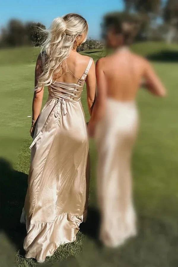 Lace Up A-Line Champagne Bridesmaid Dress with Slit BD122 - Image 3