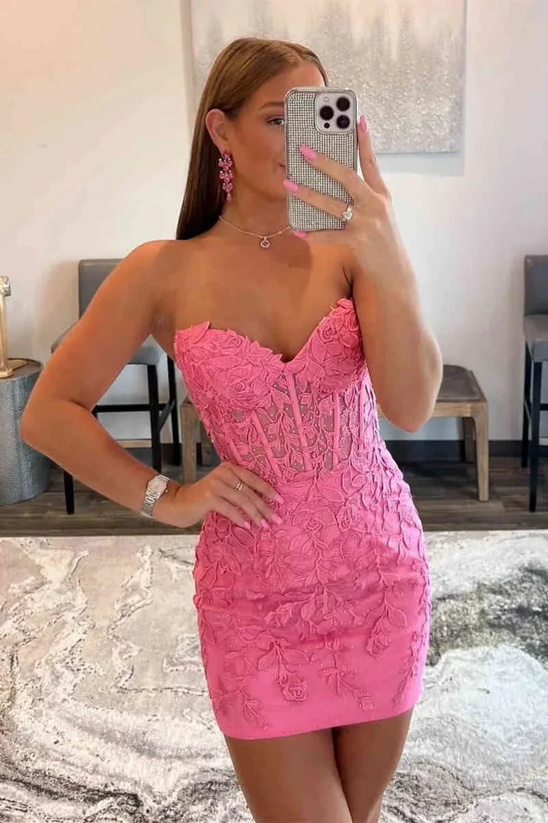 Lace-Up Appliques Strapless Sheath Homecoming Dress Y2490 - Image 5