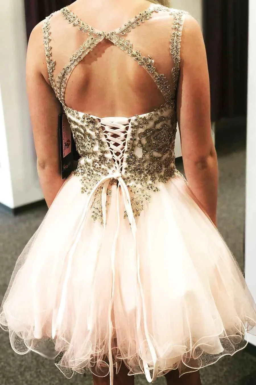 Lace-Up Beaded Cross Back Short Prom Dress Homecoming Dress PD306 - Image 2