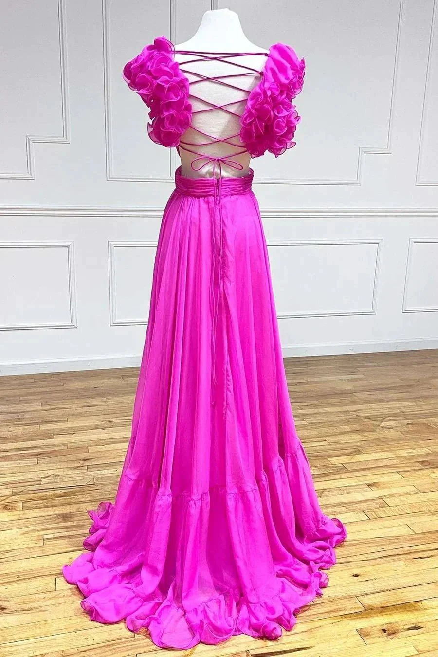 Aadhya | Lace-Up Fuchsia V-Neck Ruffle Pleated Long Prom Dress - Image 3