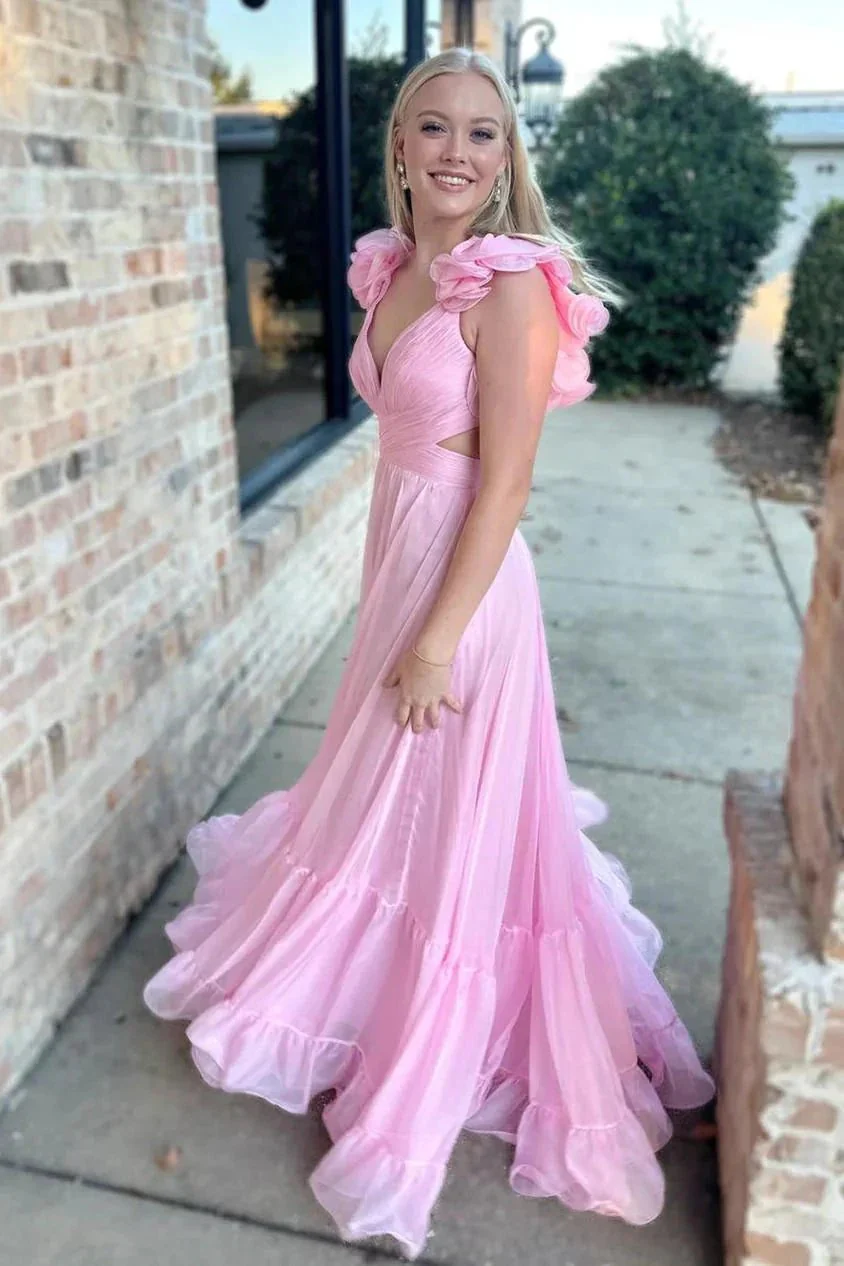 Aadhya | Lace-Up Fuchsia V-Neck Ruffle Pleated Long Prom Dress - Image 7