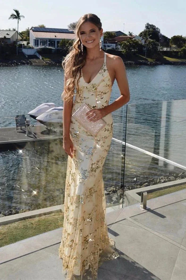 Kara | Lace-Up Mermaid Long Gold Prom Dress with Sequins - Image 2