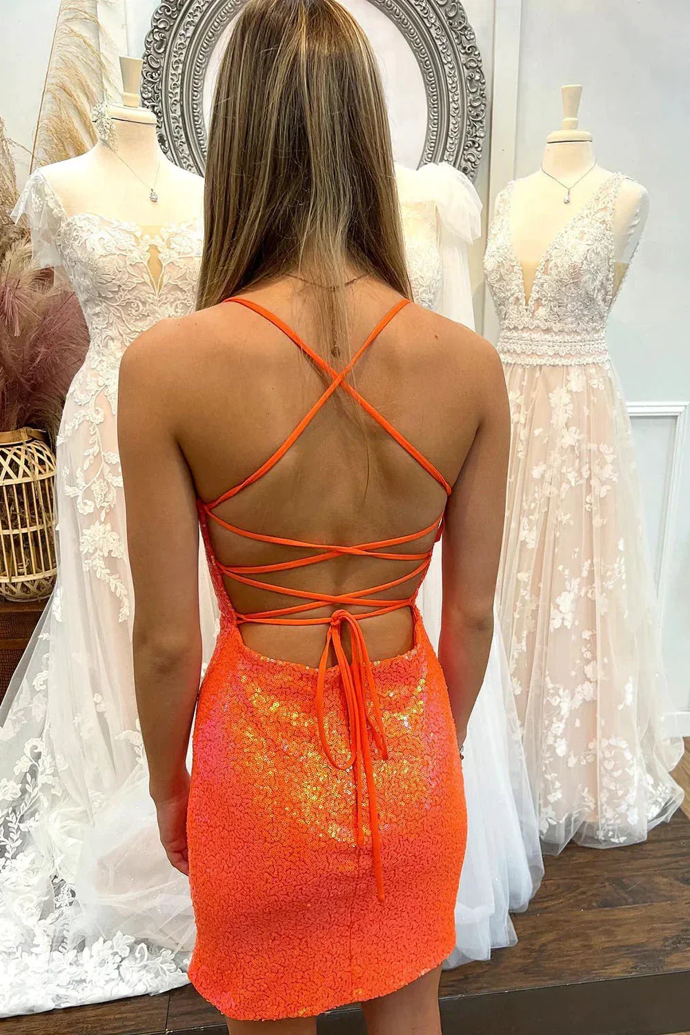 Lace-Up Sequin Short Homecoming Dress with Slit Y2947 - Image 2