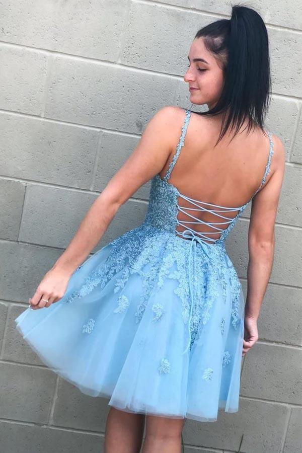 Lace-Up Sky Blue Short Homecoming Dress with Lace Appliques PD332 - Image 2