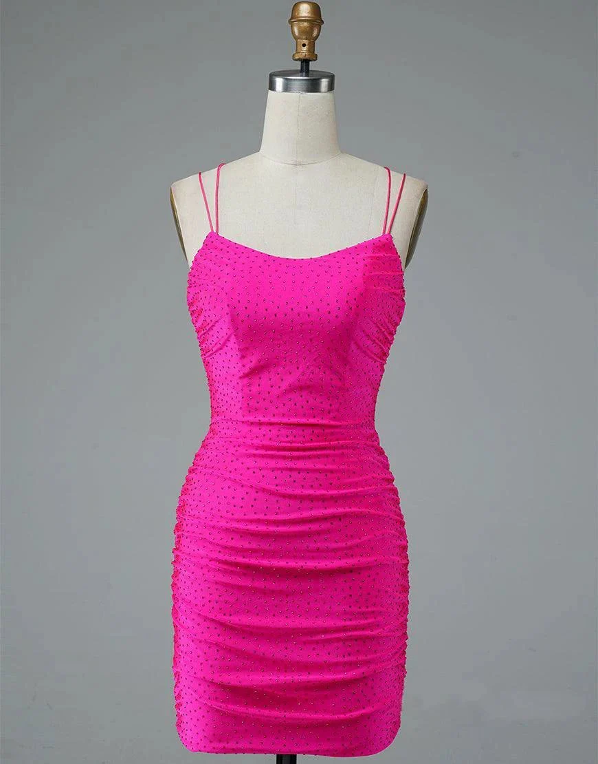 Lace Up Spaghetti Straps Short Homecoming Dress Hot Pink Party Dress PD437 - Image 3