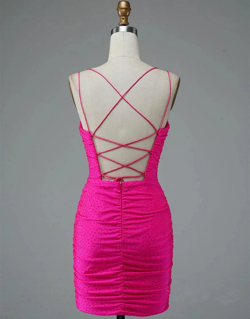 Lace Up Spaghetti Straps Short Homecoming Dress Hot Pink Party Dress PD437 - Image 5