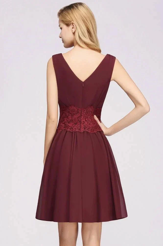 Lace V-Neck Sleeveless Mini Bridesmaid Dresses A-line Chiffon Homecoming Dress - Image 2