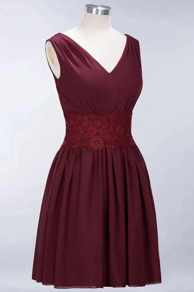 Lace V-Neck Sleeveless Mini Bridesmaid Dresses A-line Chiffon Homecoming Dress - Image 8