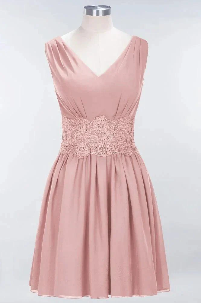 Lace V-Neck Sleeveless Mini Bridesmaid Dresses A-line Chiffon Homecoming Dress - Image 9