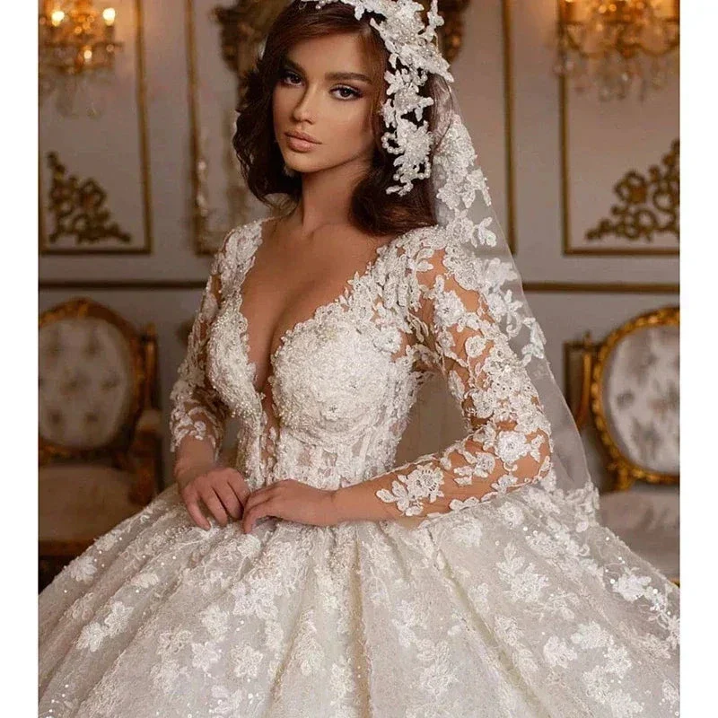 Lace Wedding Dresses Princess Ball Gown Beading Bridal Gowns Shinny Tulle Long Sleeves Ivory Dubai Marriage Dress - Image 3