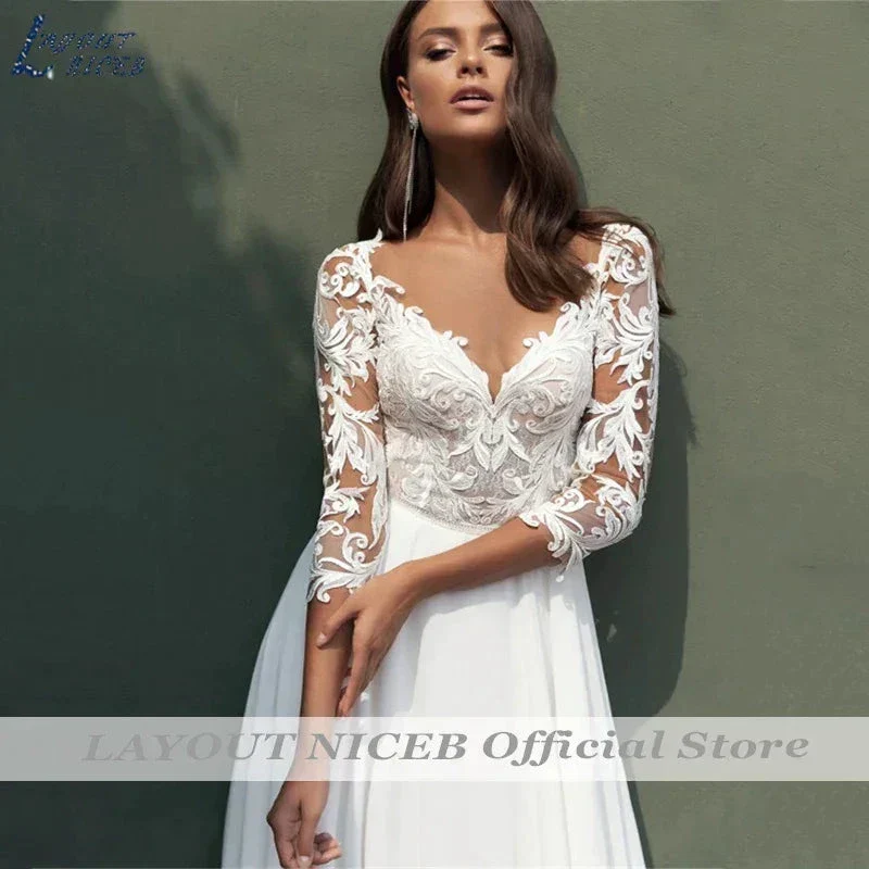 Lace Wedding Dresses Women Chiffon Boho Appliques Bridal Gowns Half Sleeve Beach Vestidos De Novia Casamento Civil - Image 3