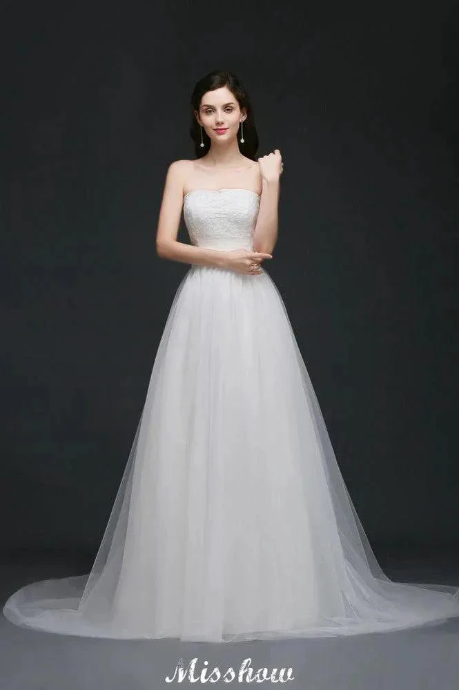 Lace White A-line Strapless Tulle Wedding Dress - Image 3