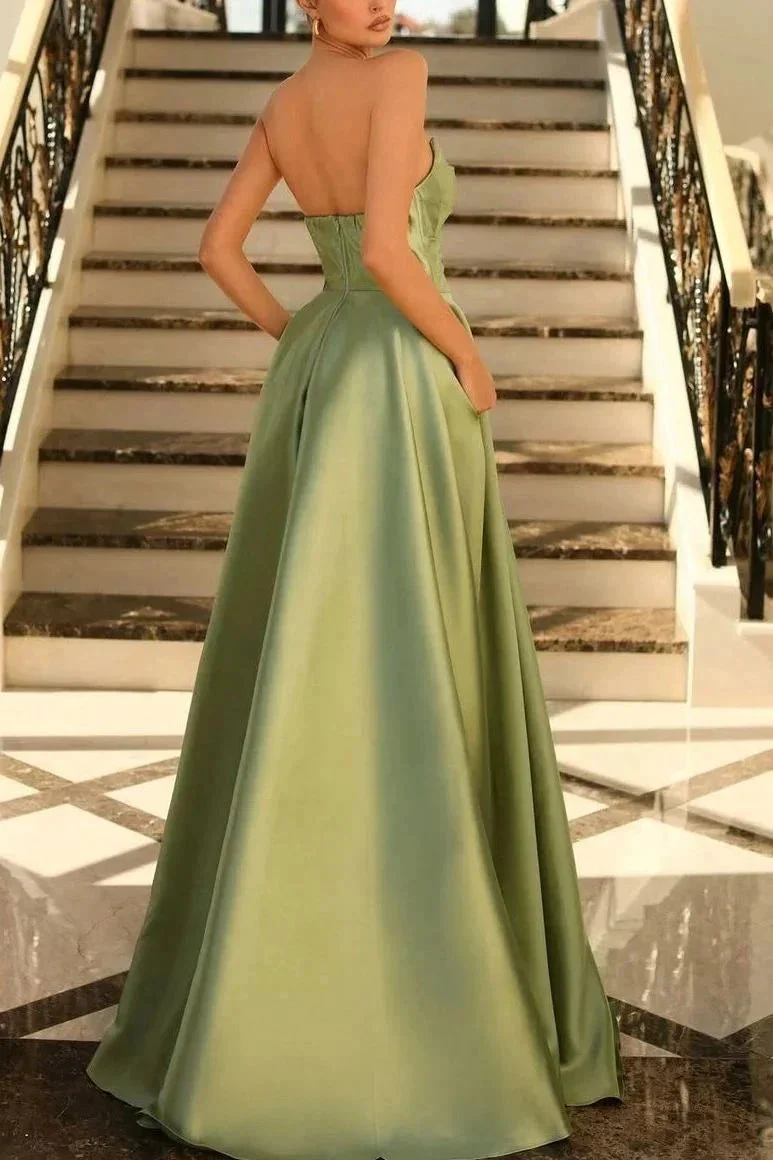 Lachlan | Satin A-Line Scoop Empire-Waist Pleated Satin High Slit Formal Prom Dress - Image 2
