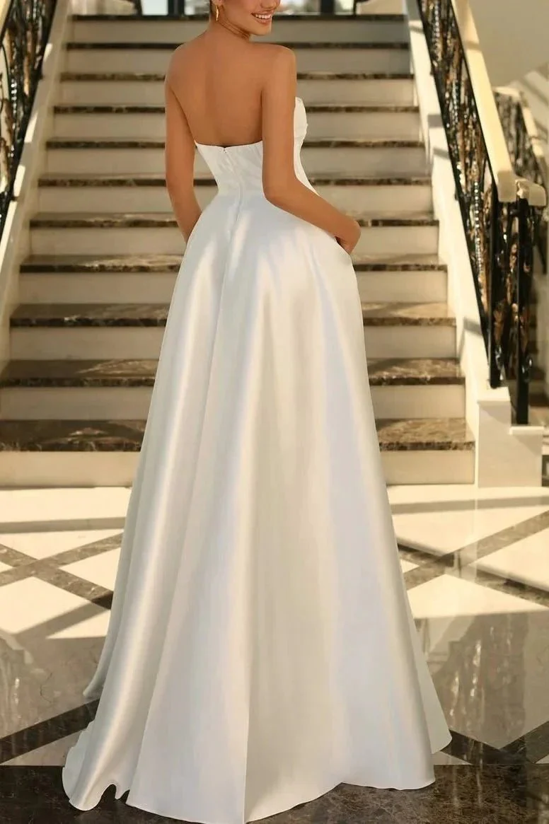 Lachlan | Satin A-Line Scoop Empire-Waist Pleated Satin High Slit Formal Prom Dress - Image 4