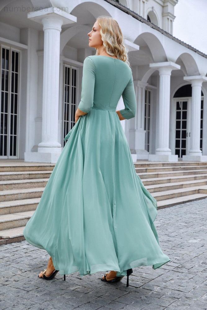 Ladies Chiffon Long Sleeve V Neck Floor Length Bridesmaid Evening Dress Wedding Party Beach Evening Dress 28095 - Image 2