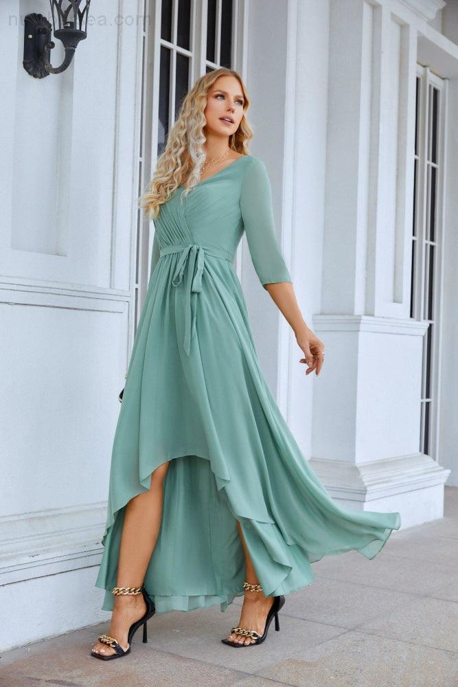 Ladies Chiffon Long Sleeve V Neck Floor Length Bridesmaid Evening Dress Wedding Party Beach Evening Dress 28095 - Image 3