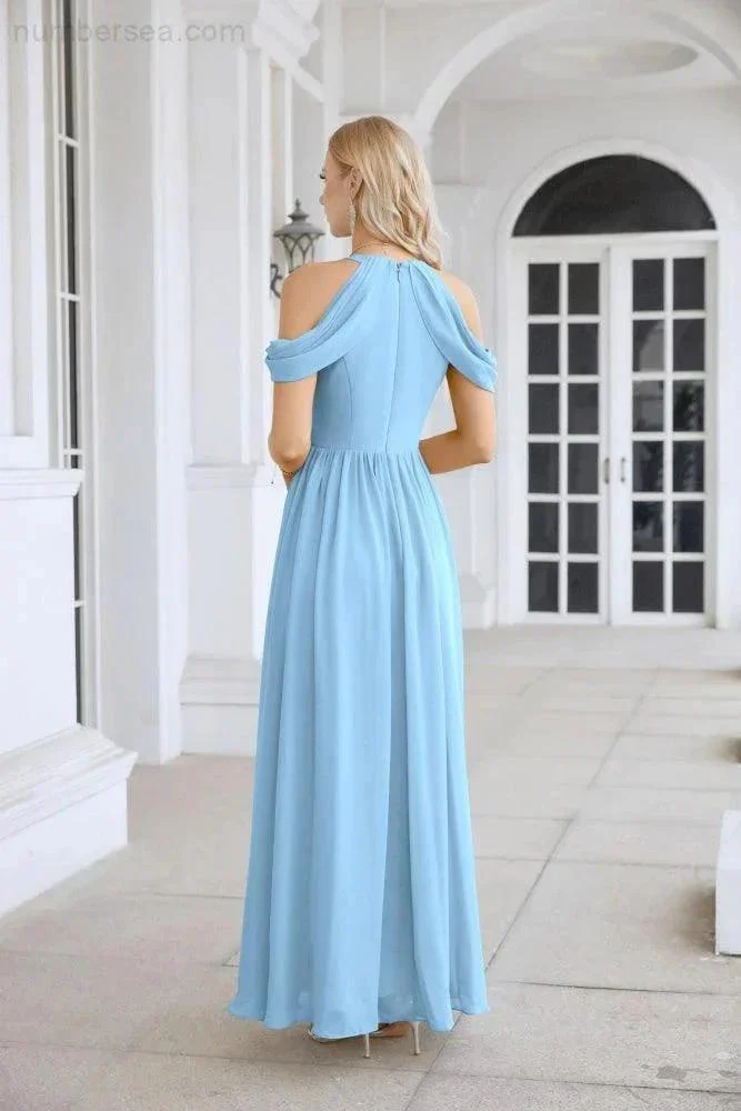 Ladies Chiffon Off Shoulder Swing Sleeve Front Slit Bridesmaid Evening Dress Wedding Party Evening Dress 28117 - Image 10