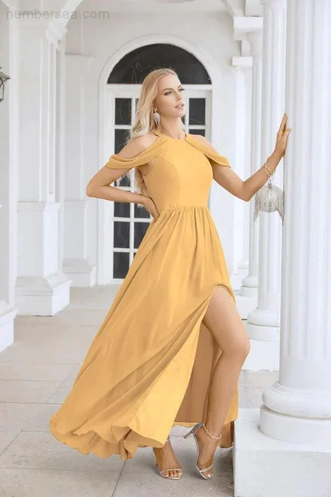 Ladies Chiffon Off Shoulder Swing Sleeve Front Slit Bridesmaid Evening Dress Wedding Party Evening Dress 28117 - Image 100