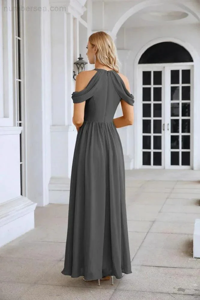 Ladies Chiffon Off Shoulder Swing Sleeve Front Slit Bridesmaid Evening Dress Wedding Party Evening Dress 28117 - Image 114