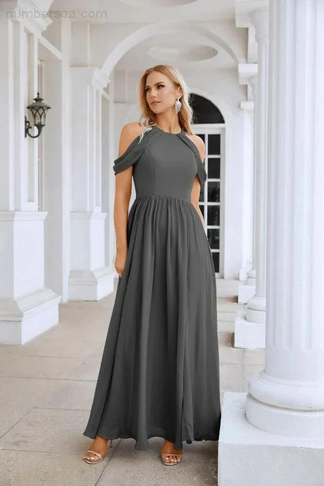 Ladies Chiffon Off Shoulder Swing Sleeve Front Slit Bridesmaid Evening Dress Wedding Party Evening Dress 28117 - Image 115