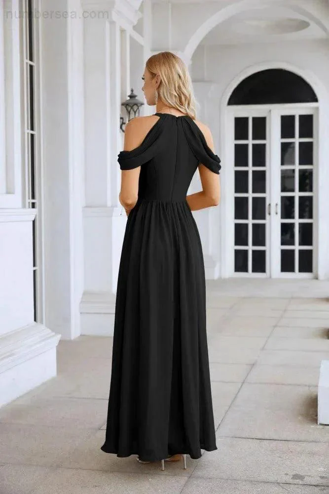 Ladies Chiffon Off Shoulder Swing Sleeve Front Slit Bridesmaid Evening Dress Wedding Party Evening Dress 28117 - Image 118