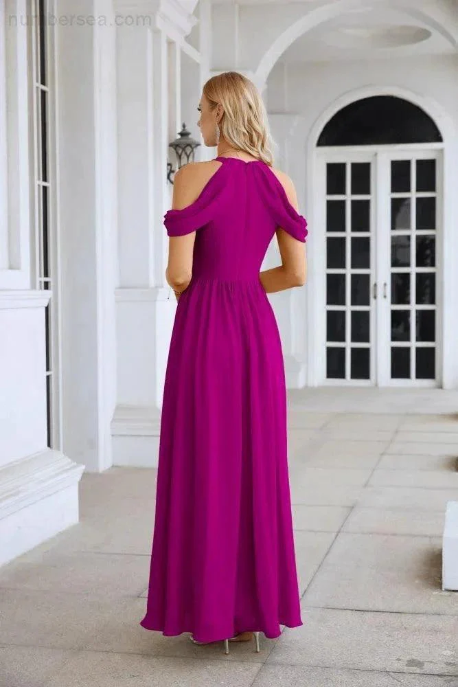 Ladies Chiffon Off Shoulder Swing Sleeve Front Slit Bridesmaid Evening Dress Wedding Party Evening Dress 28117 - Image 130