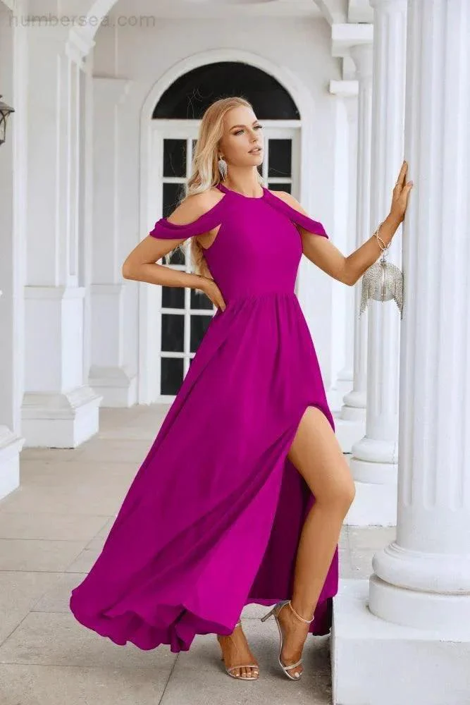 Ladies Chiffon Off Shoulder Swing Sleeve Front Slit Bridesmaid Evening Dress Wedding Party Evening Dress 28117 - Image 132
