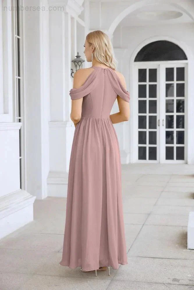 Ladies Chiffon Off Shoulder Swing Sleeve Front Slit Bridesmaid Evening Dress Wedding Party Evening Dress 28117 - Image 162