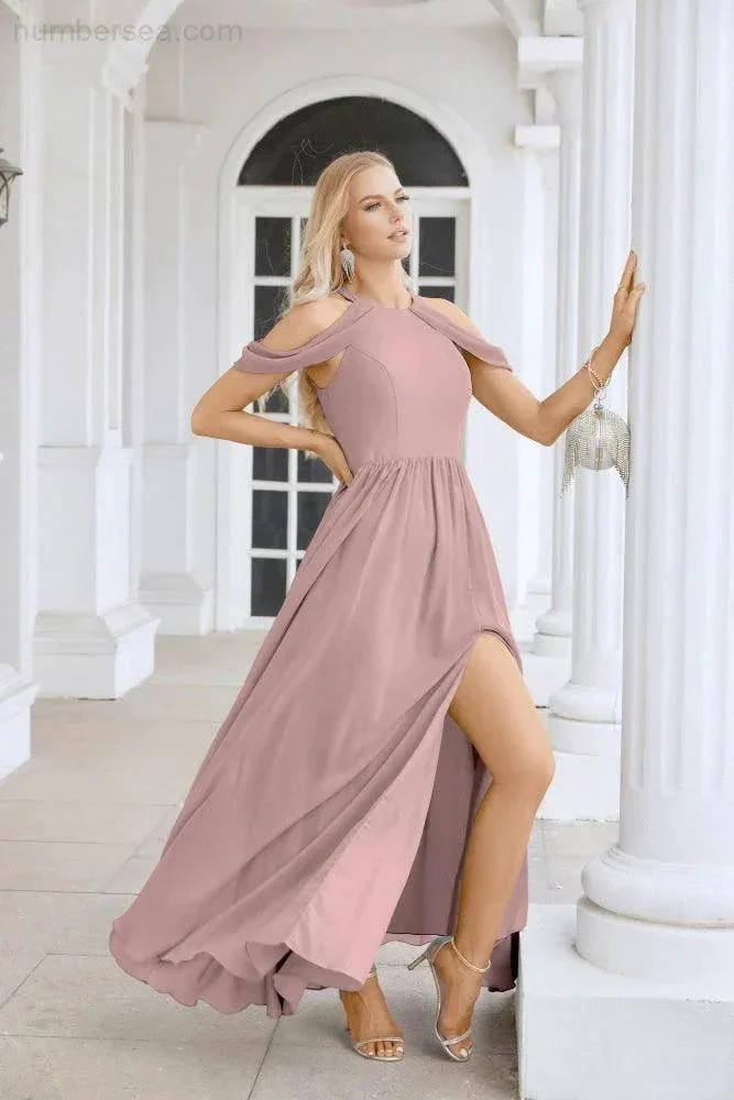 Ladies Chiffon Off Shoulder Swing Sleeve Front Slit Bridesmaid Evening Dress Wedding Party Evening Dress 28117 - Image 165